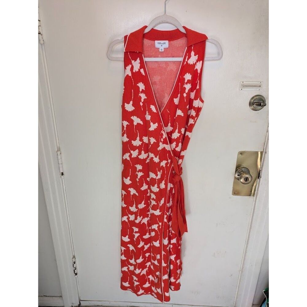 Diane Von Furstenberg Red and White Sleeveless Midi Wrap Dress Size XL